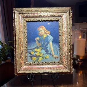 Hanging Wall Art 1940 Happy Girl Ornate Frame Yellow Rose Blue Dress Cottagecore